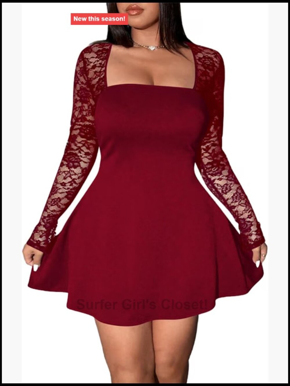 Plus Size Lace Long Sleeve Square Neck Mini Party Dress - Picture 1 of 5